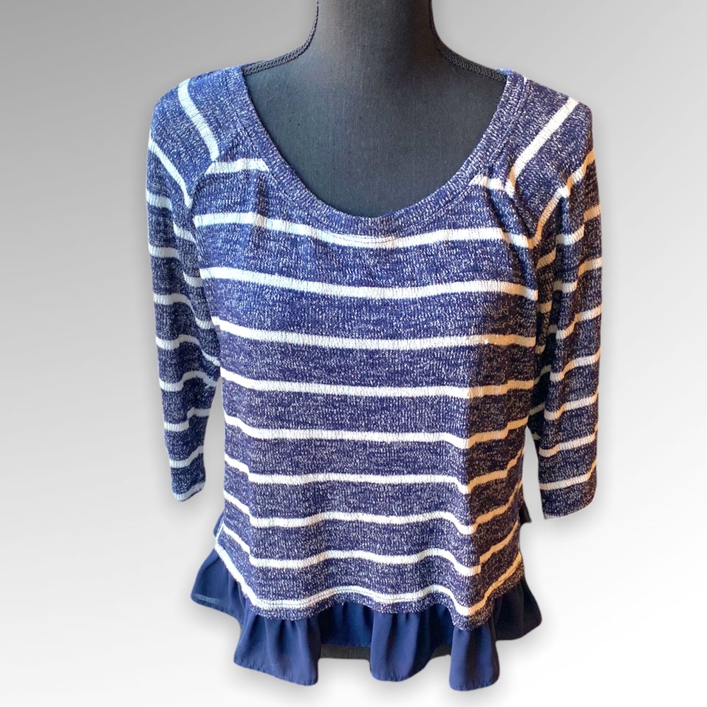 Maison Jules Striped Navy/ White Sweater with Ruffle Hem - Large